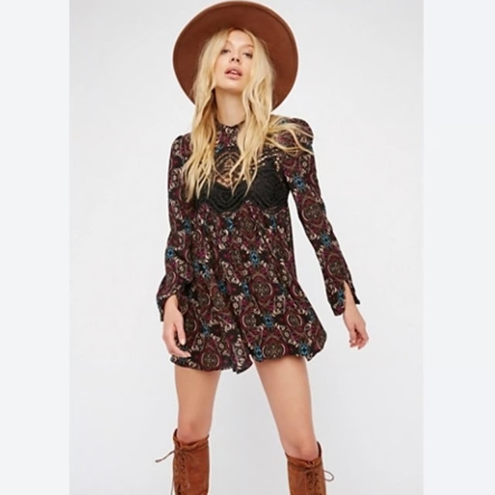 Free People Bohemian Paisley Dress with Lace Detail NWT